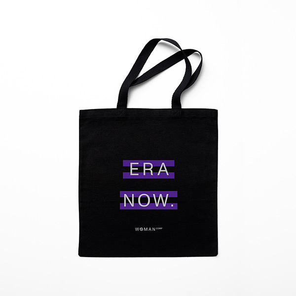 A canvas bag with the slogan 'ERA Now Woman Corp' that is available for purchase at the ERA Coalition online store